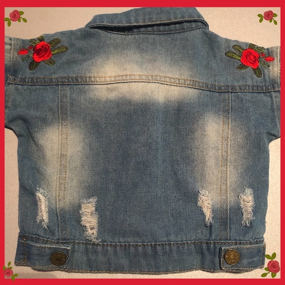 Distressed Jean Jacket w/ Embroidered Roses - Picture 7 of 7